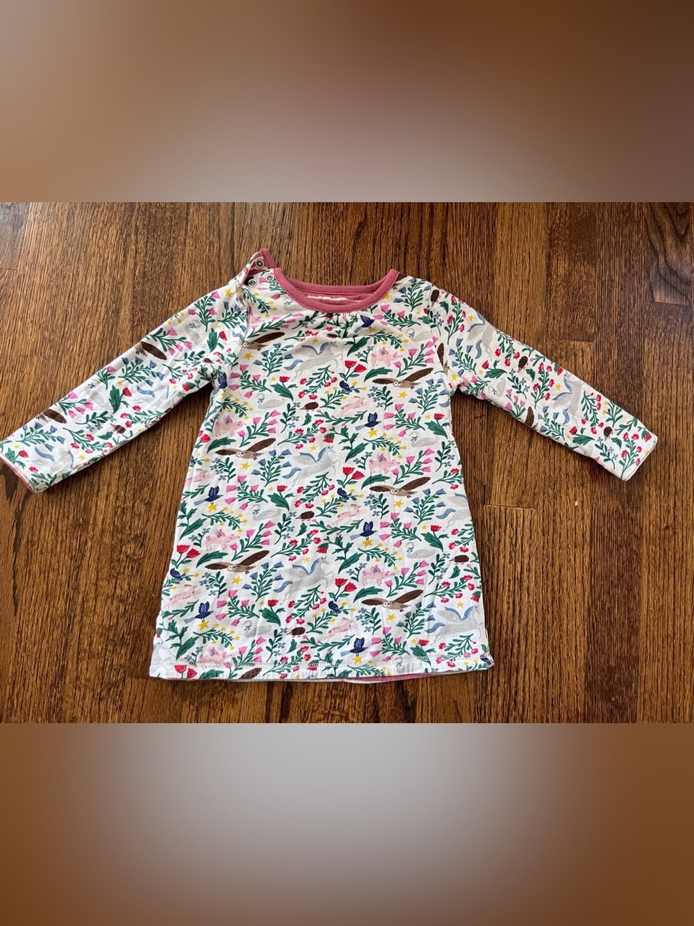 Baby Boden Floral & Animal Print Long-Sleeve Dress - White with Pink Trim